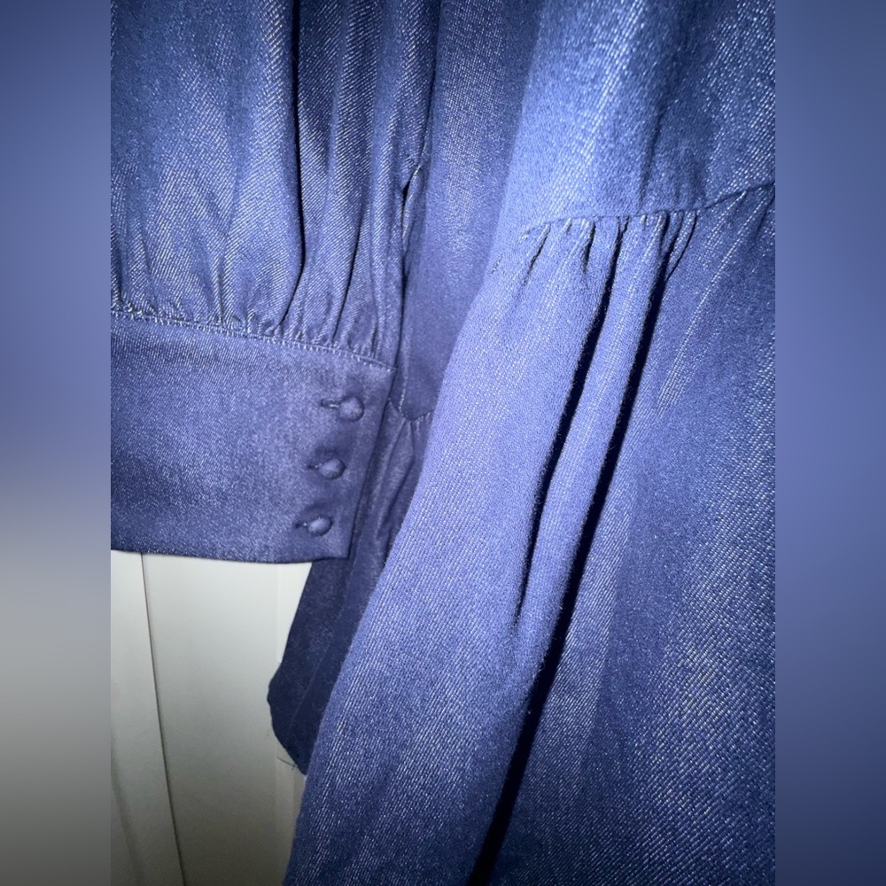 NWT. Commense. Denim Stand Collar Puff Sleeve Mini Dress. Size Small. - Picture 8 of 15